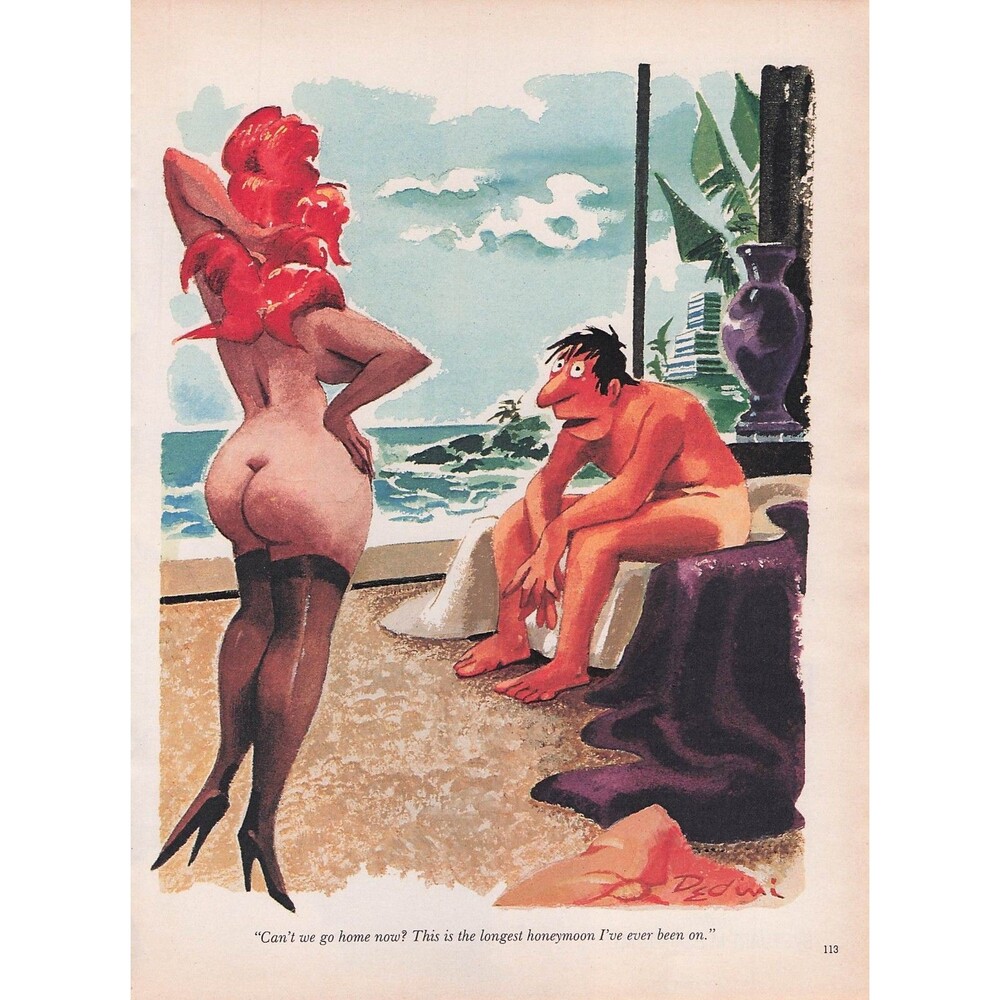 Vintage Dedini Cartoon Art funny humor sexy woman long legs high heels honeymoon